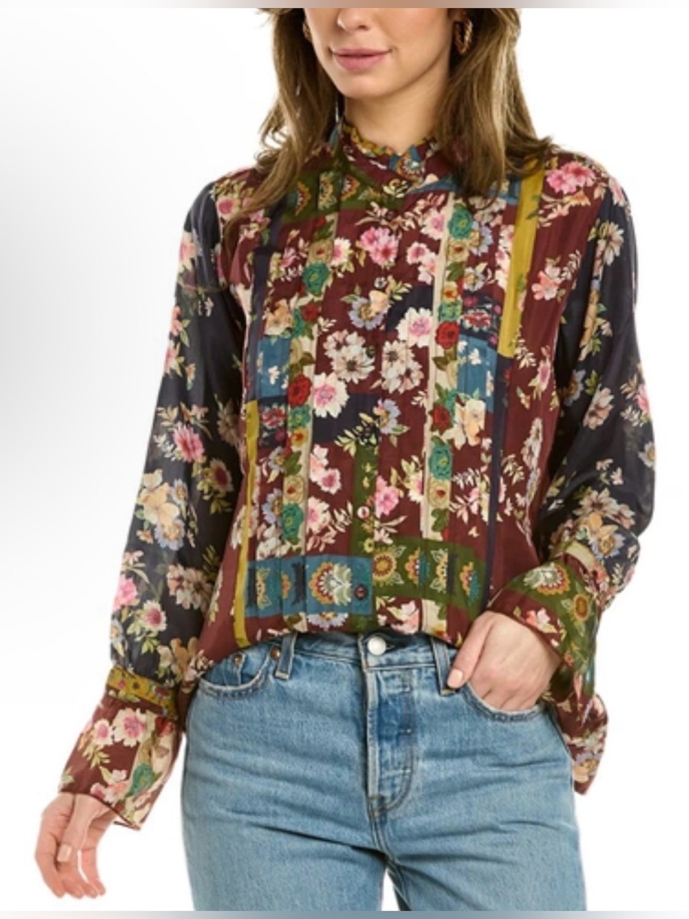 Johnny Was Laurie Silk Milan Blouse Red Burgundy Button Down Semi Sheer Size M